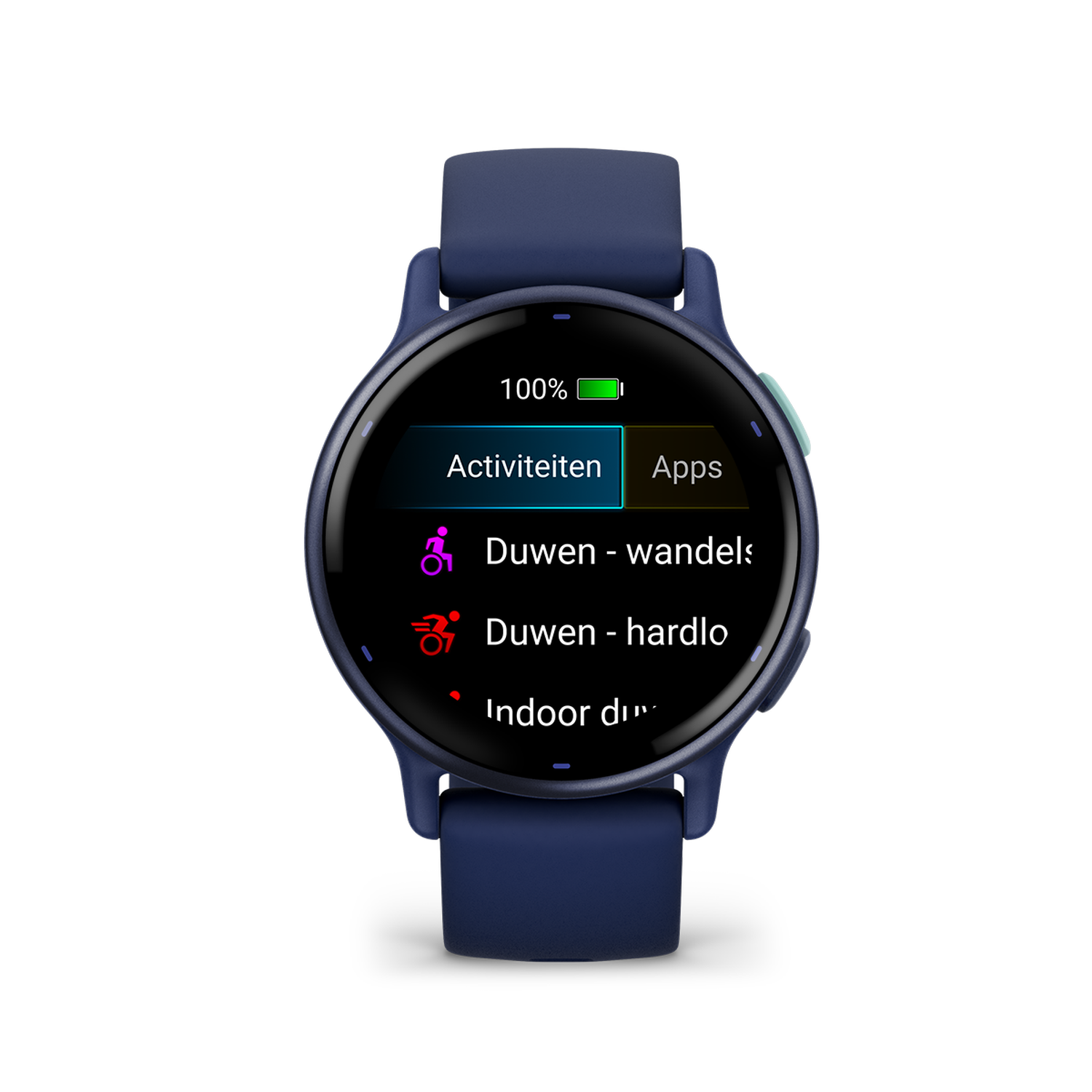 Blue smartwatch, with a round display showing activity and app options on a white background.