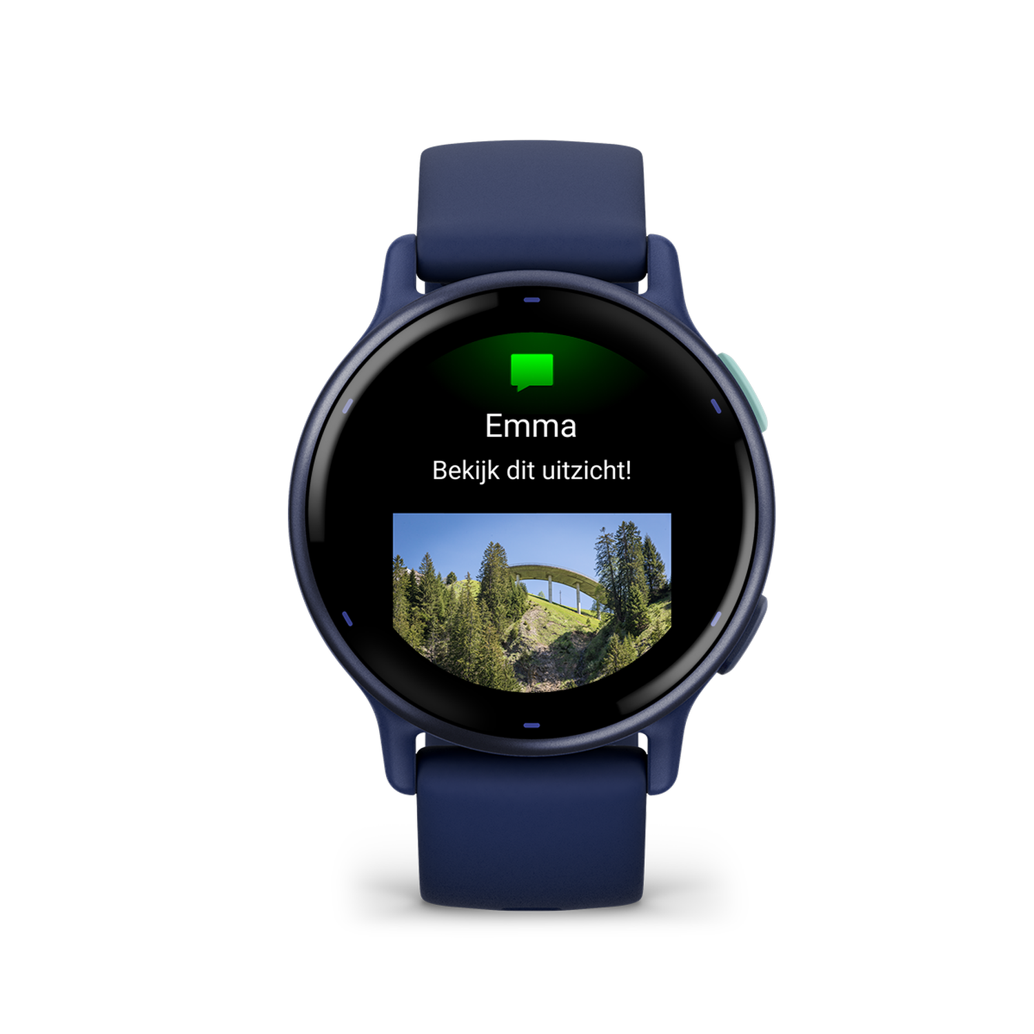 A smartwatch shows a scenic view, with the word 'Emma' and text.