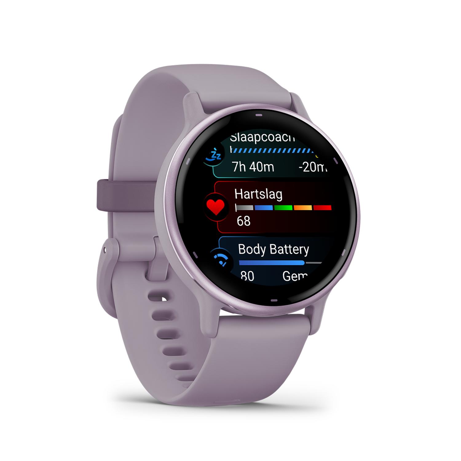 A lilac smartwatch displays sleep, heart rate, and body battery data. The watch is on a white background.