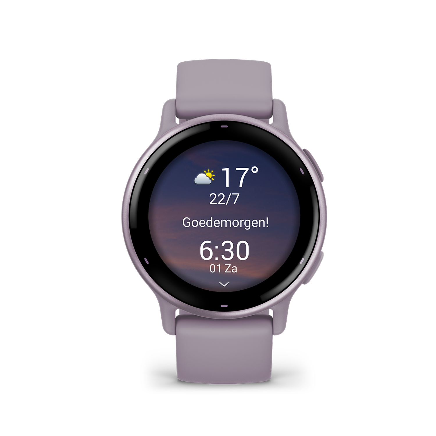 A smartwatch displays the time, temperature, and the text 'Goedemorgen!'