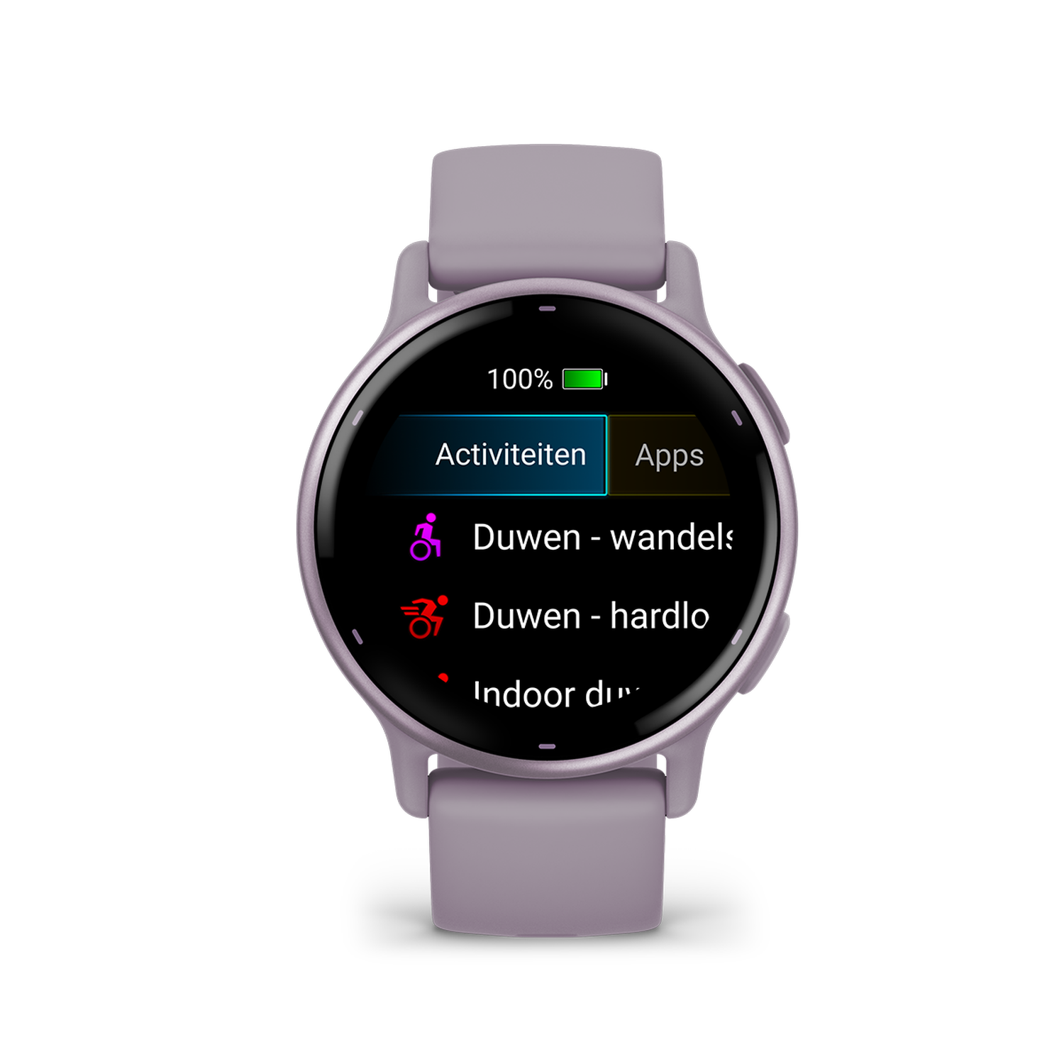 A smartwatch with a purple strap, displaying 'Activiteiten', 'Apps' and activity options on a black screen.