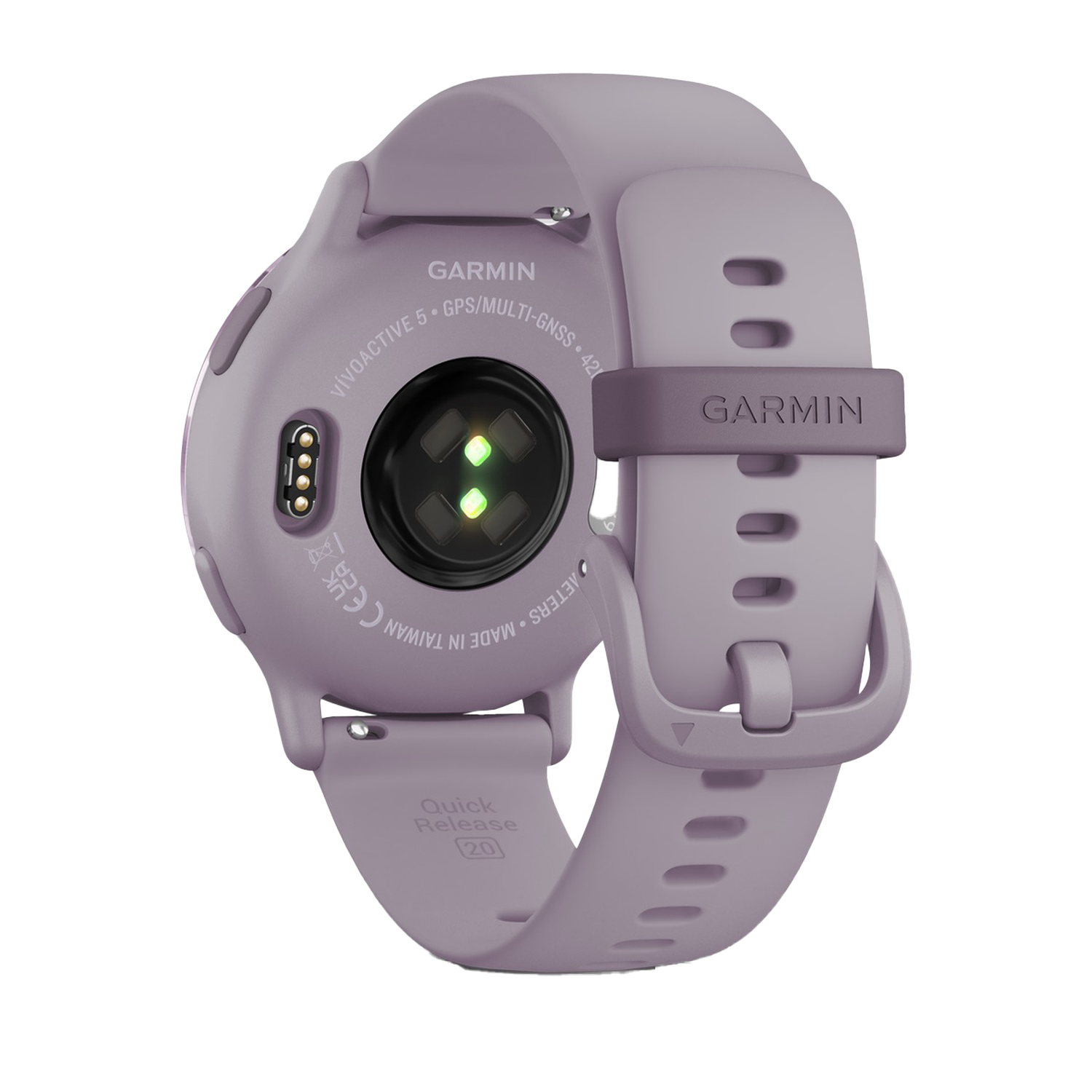 A light purple Garmin smartwatch, showing the back. It has a band, heart rate sensor, and the Garmin logo.