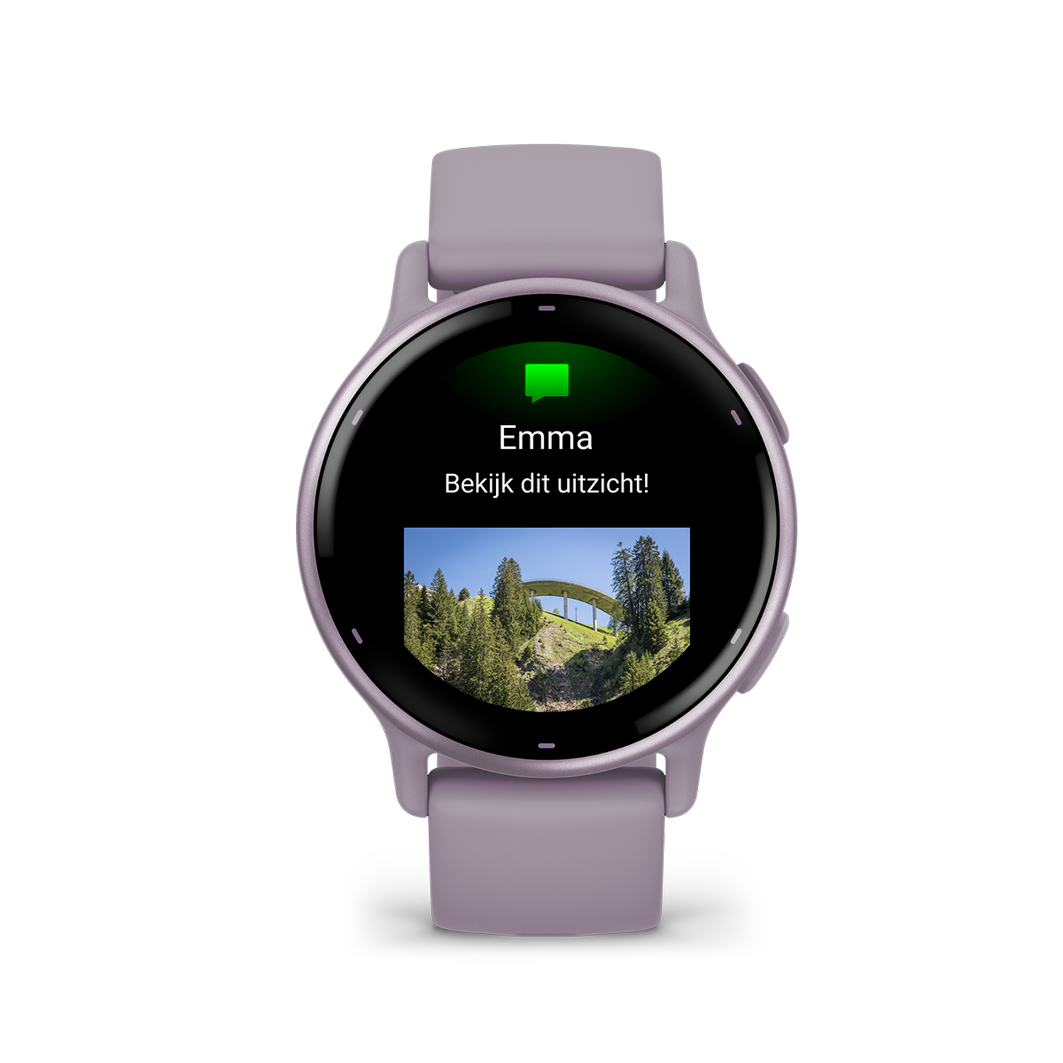 A purple smartwatch displays a landscape photo. The screen reads 'Emma: Bekijk dit uitzicht!'