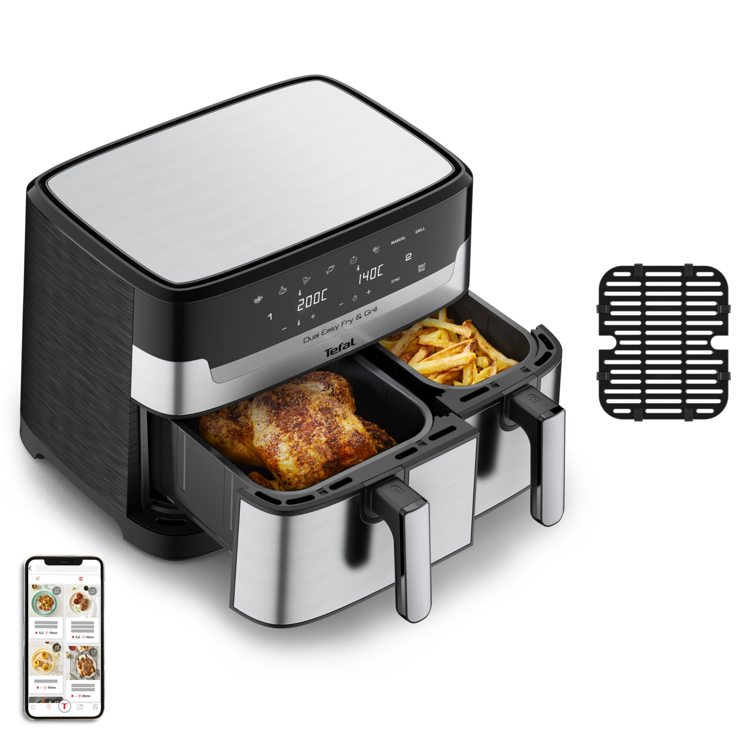 Zwarte en zilveren airfryer met eten erin. Dual-zone model.