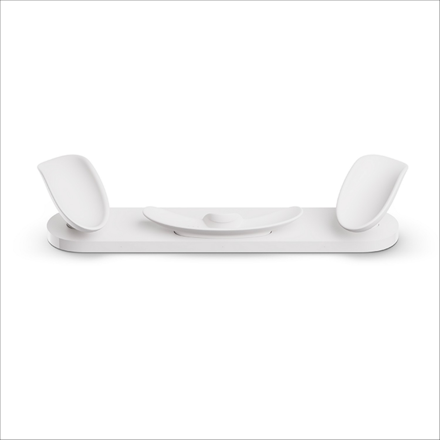 White charging stand with headset rests, on a white background.
