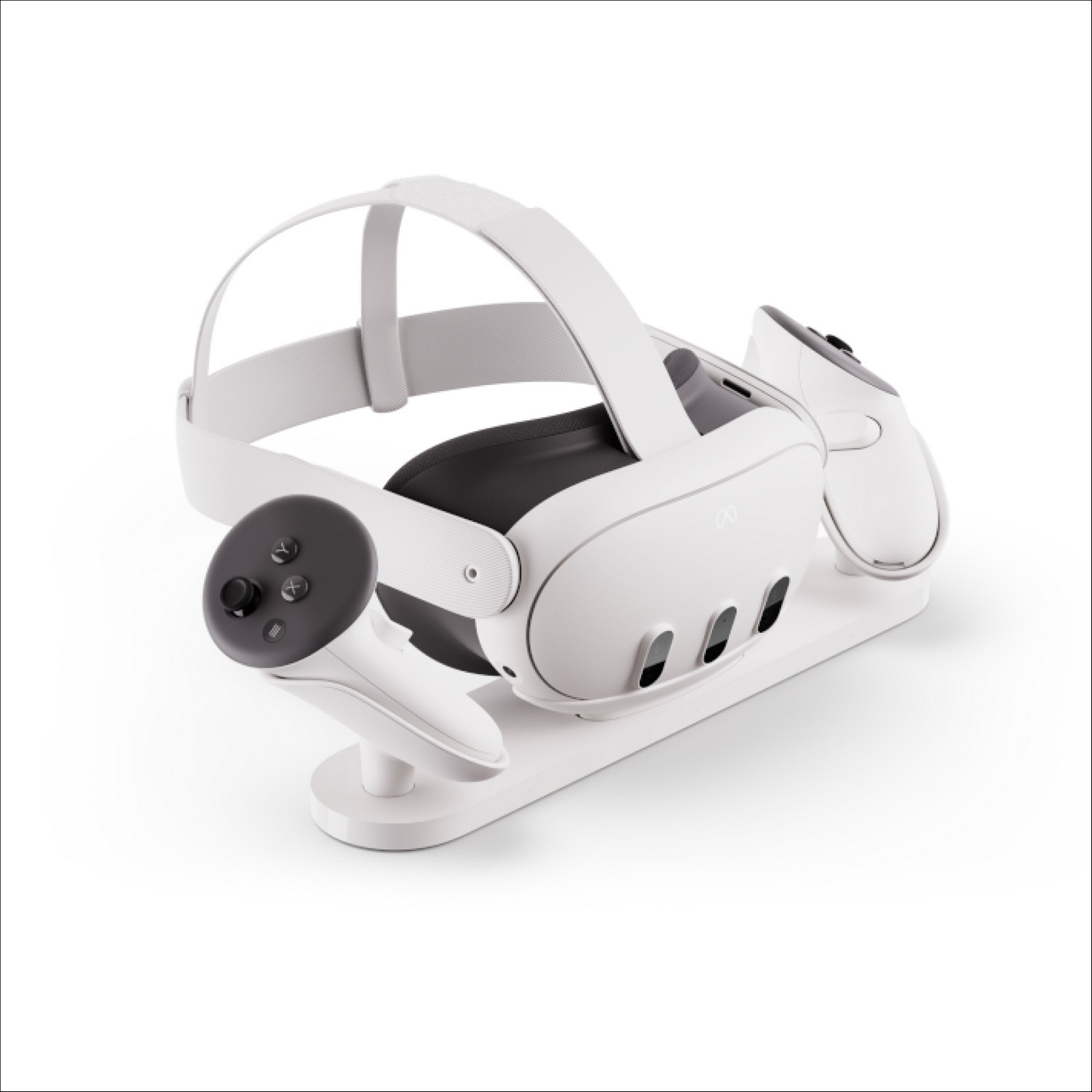 White VR headset and controllers on a white stand. Designed for virtual reality gaming.