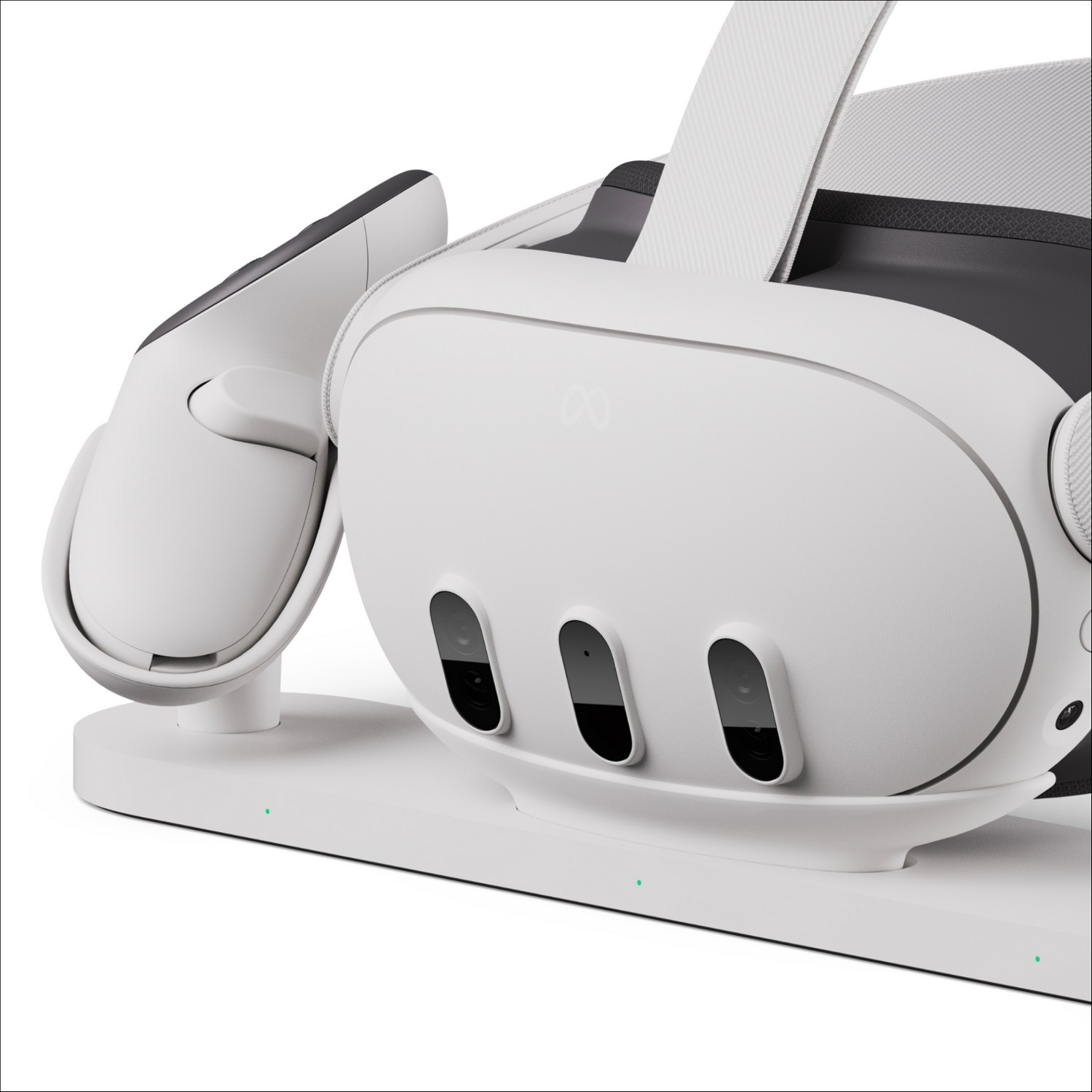 White VR headset and charging station. Features multiple cameras and sensors.