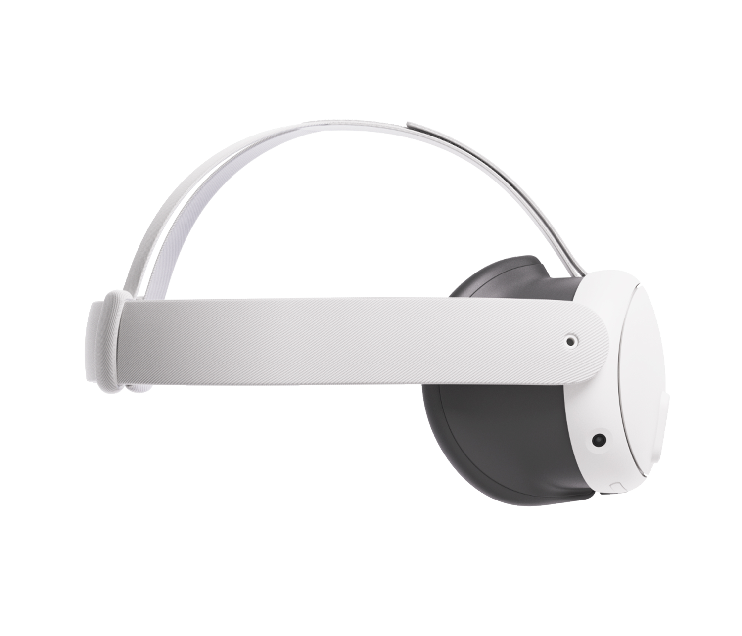 VR-headset, wit met een zwarte voorkant en band. Zijaanzicht.