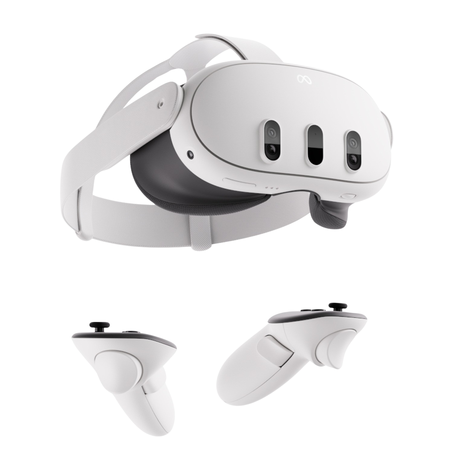 Witte VR-headset en controllers. De headset heeft drie naar voren gerichte camera's. Controllers hebben knoppen en joysticks.