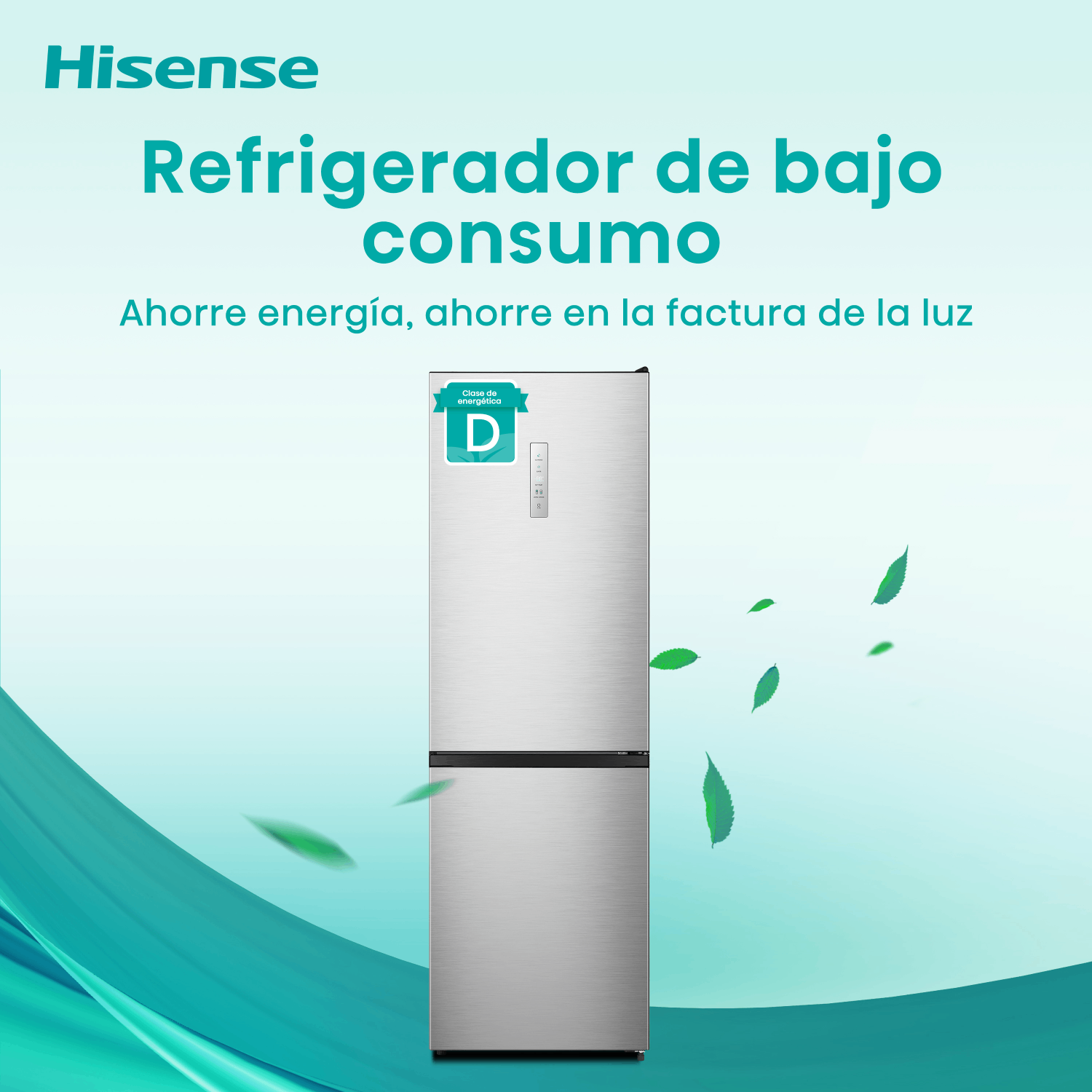 Refrigerador plateado con puerta inferior negra sobre fondo azul.