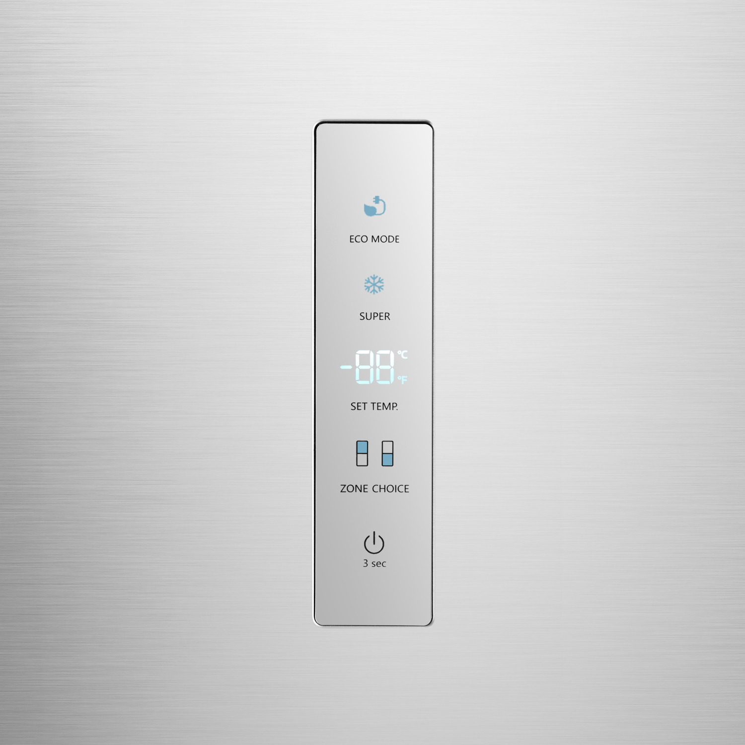 Panel plateado con botones para modo eco, super, temperatura y selección de zona.