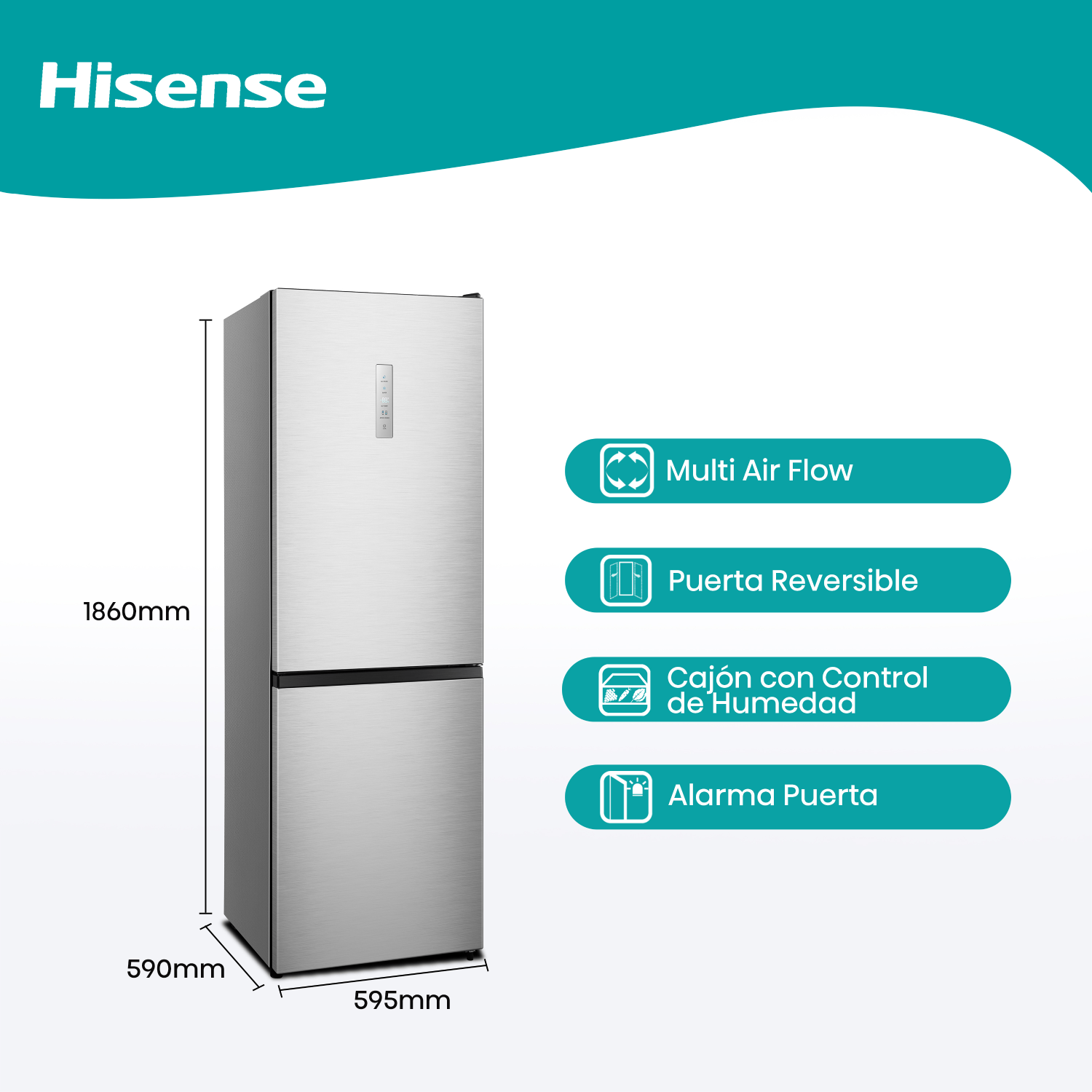 Un refrigerador Hisense plateado con dimensiones e iconos que indican características como flujo multi-aire.