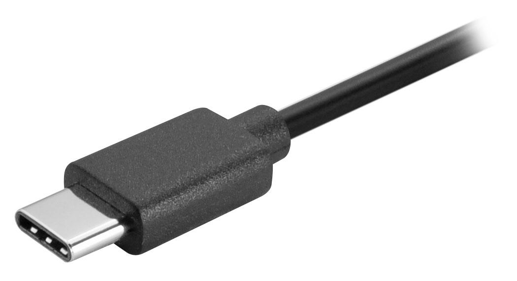 Nahaufnahme eines schwarzen USB-C-Steckers mit silberfarbenem Anschluss, weißer Hintergrund.