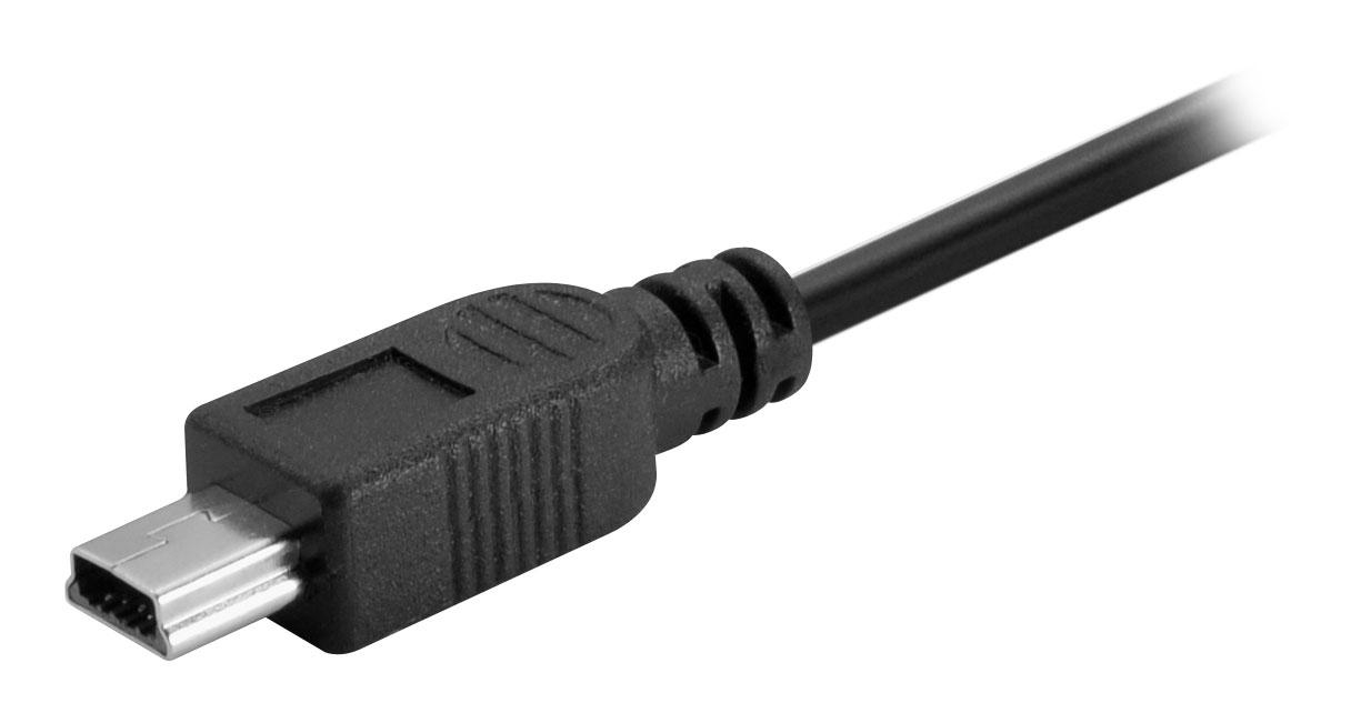 Schwarzes Micro-USB-Kabel mit Stecker auf der linken Seite. Weißer Hintergrund.