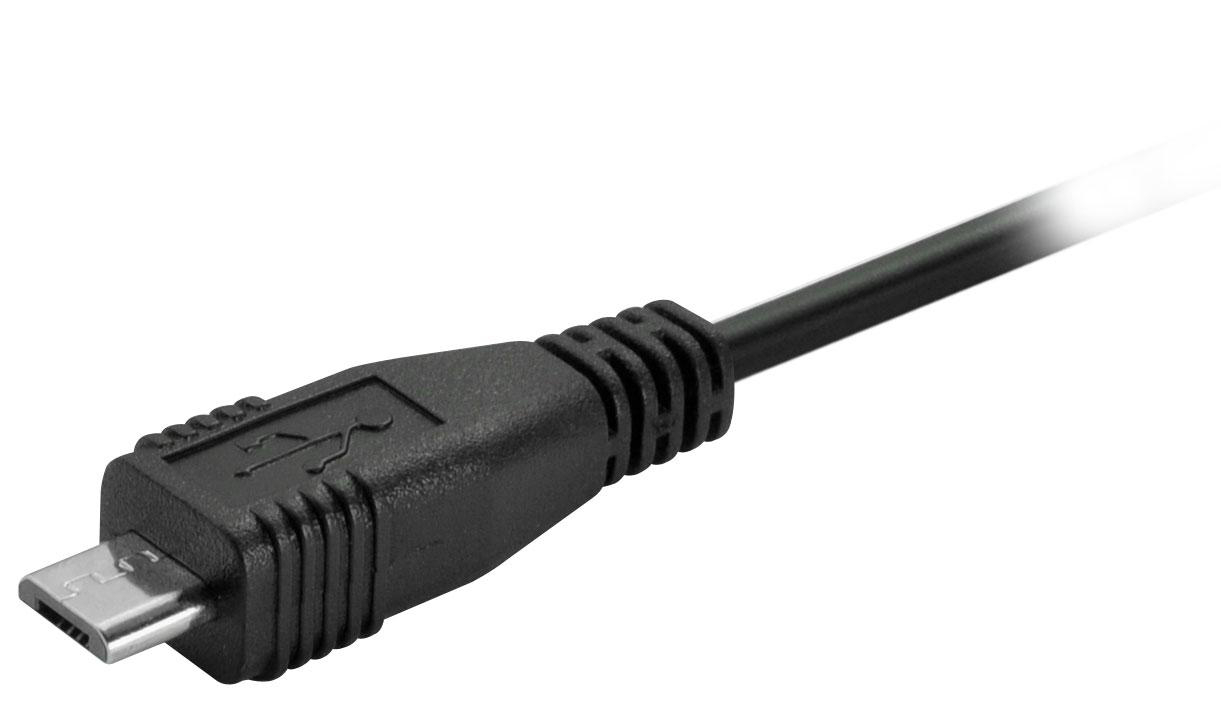 Nahaufnahme eines schwarzen Micro-USB-Kabels mit sichtbarem USB-Anschluss.