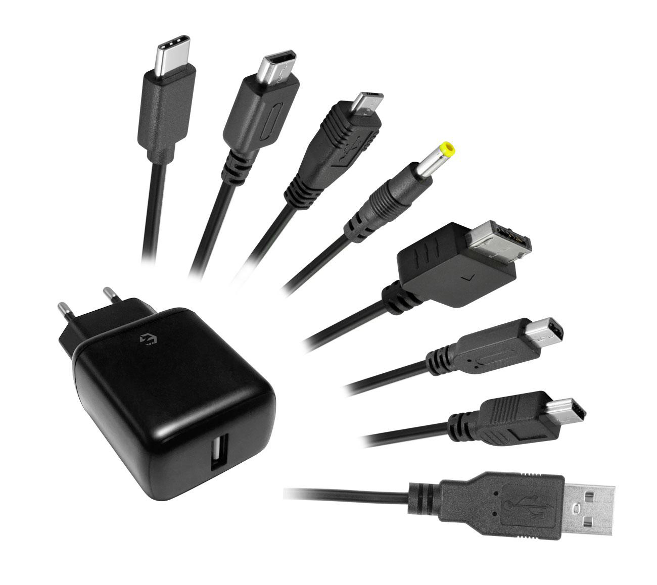 Schwarzes Netzteil und verschiedene schwarze Kabel mit unterschiedlichen Steckern.