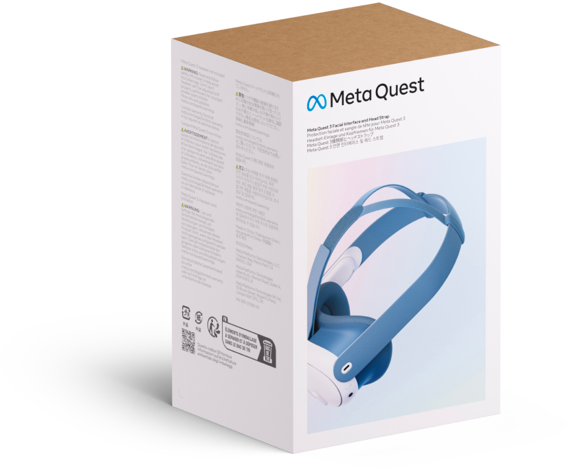 Eine weiße Box mit einem blauen Meta Quest Kopfband und Gesichtsschnittstelle. Die Box hat Text.