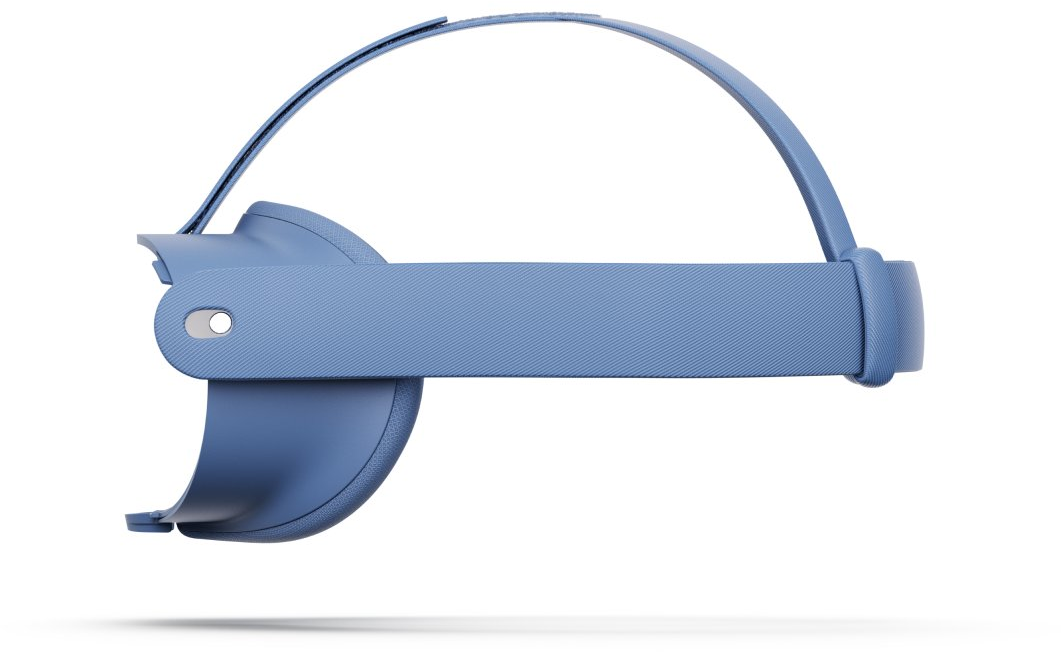 Blaues VR-Headset-Kopfbügelteil. Seitenansicht, zeigt das geschwungene Design und den Einstellmechanismus.