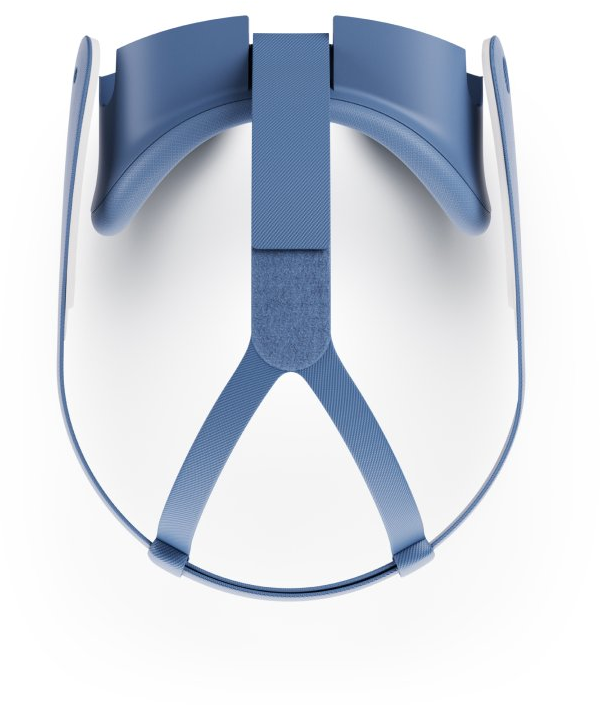 Ein blaues VR-Headset, Draufsicht, auf einer weißen Oberfläche. Es hat gebogene Halterungen und ein Kopfband.