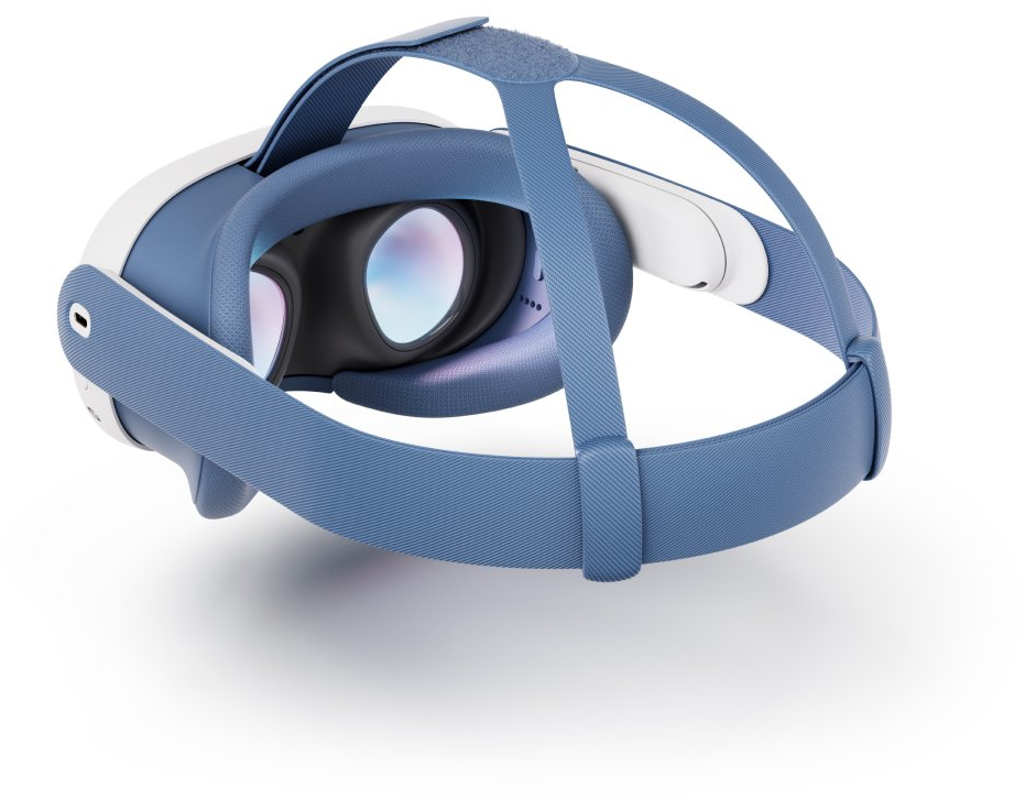 VR-Headset, blau und weiß, schräge Ansicht. Die Linsen sind sichtbar.