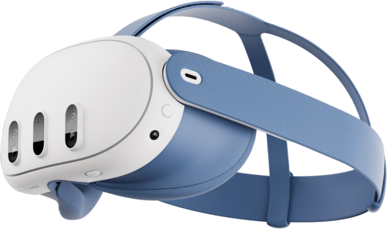 Weißes und blaues VR-Headset mit drei Frontkameras und einem blauen Riemen.