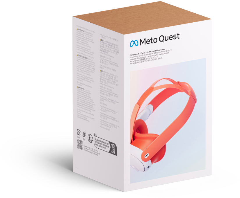 Eine weiße Box mit Meta Quest Logo und einem orangefarbenen VR-Headset.