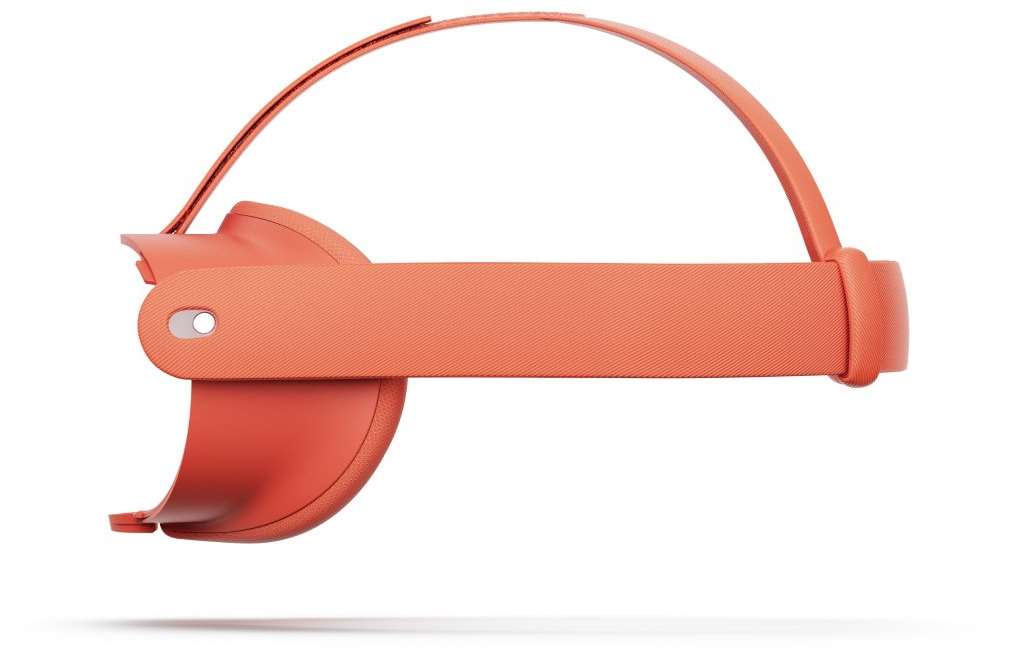 Oranges VR-Headset. Gebogenes Band und Ohrstücke. Weißer Hintergrund. Seitenansicht.