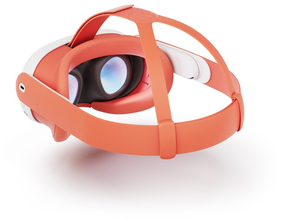 Korallenfarbenes VR-Headset. Das Headset ist angewinkelt und zeigt die Linsen und den Riemen. Weißer Hintergrund.