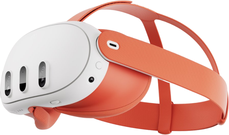 Weiß-oranges VR-Headset. Es hat drei Kameras auf der Vorderseite und befindet sich auf schwarzem Hintergrund.