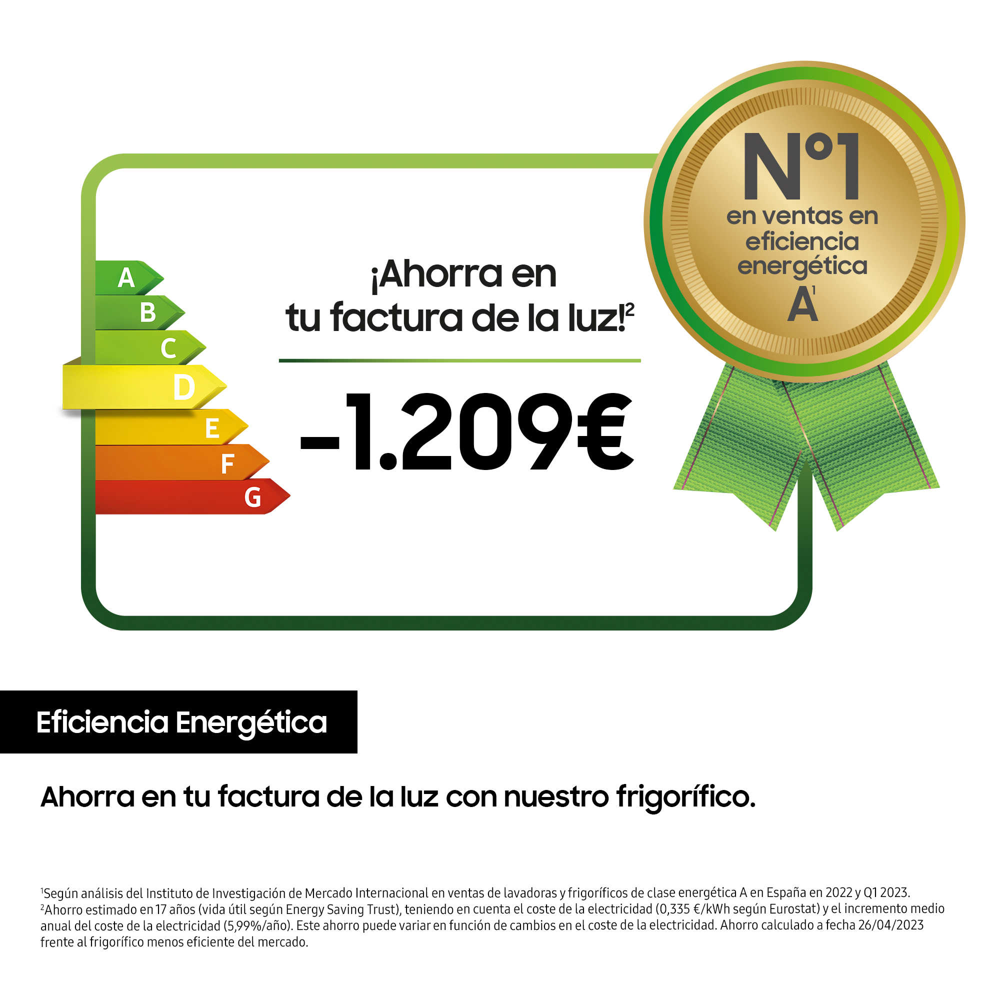 Etiqueta de eficiencia energética con texto en español, muestra un gran ahorro de costo negativo.
