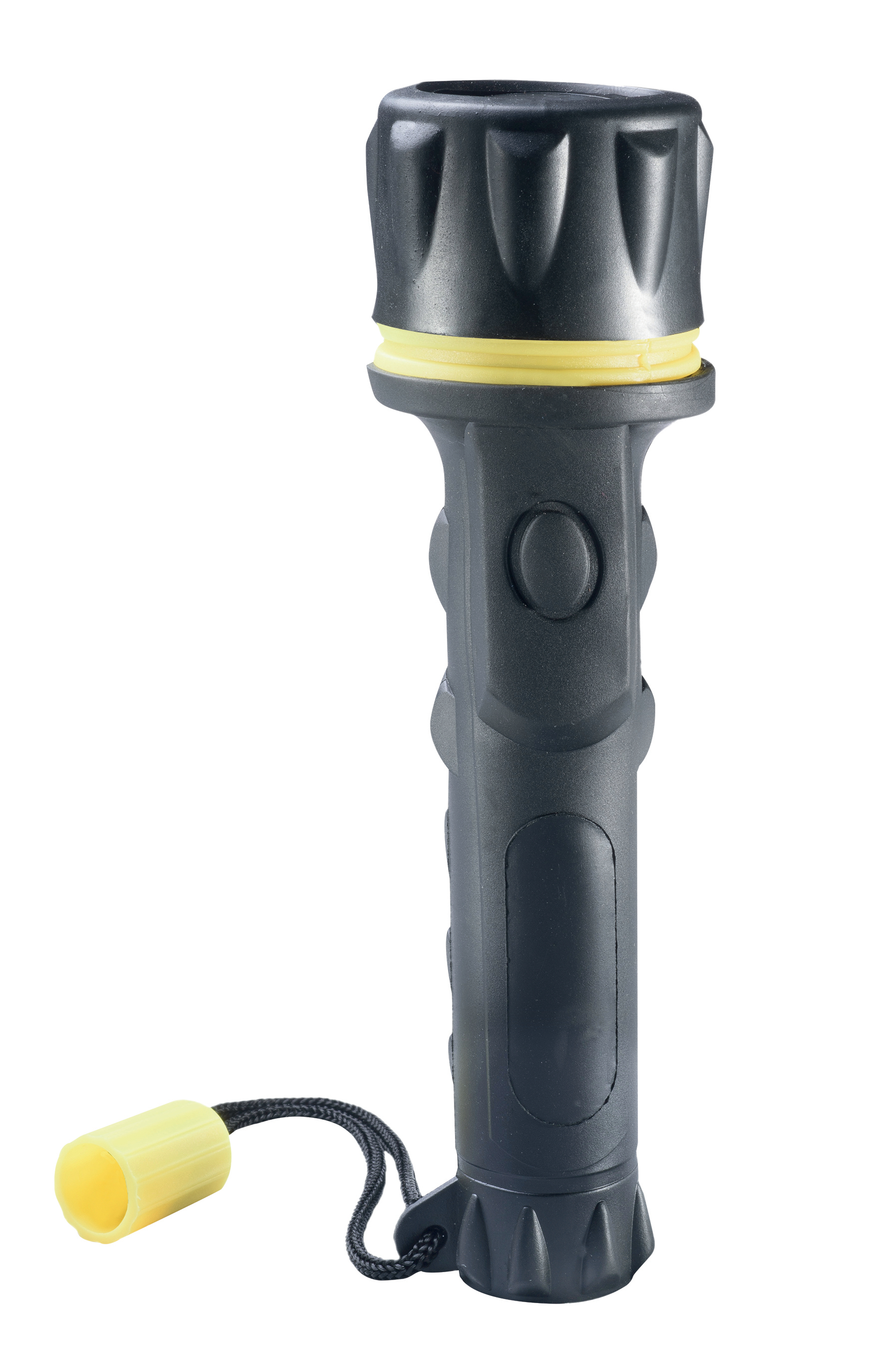 Schwarze Taschenlampe mit gelbem Griff und Handschlaufe, auf weißem Hintergrund.