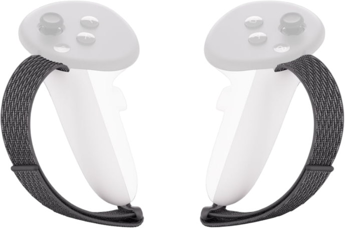 Zwei weiße VR-Controller mit schwarzen Riemen. Knöpfe sind sichtbar.