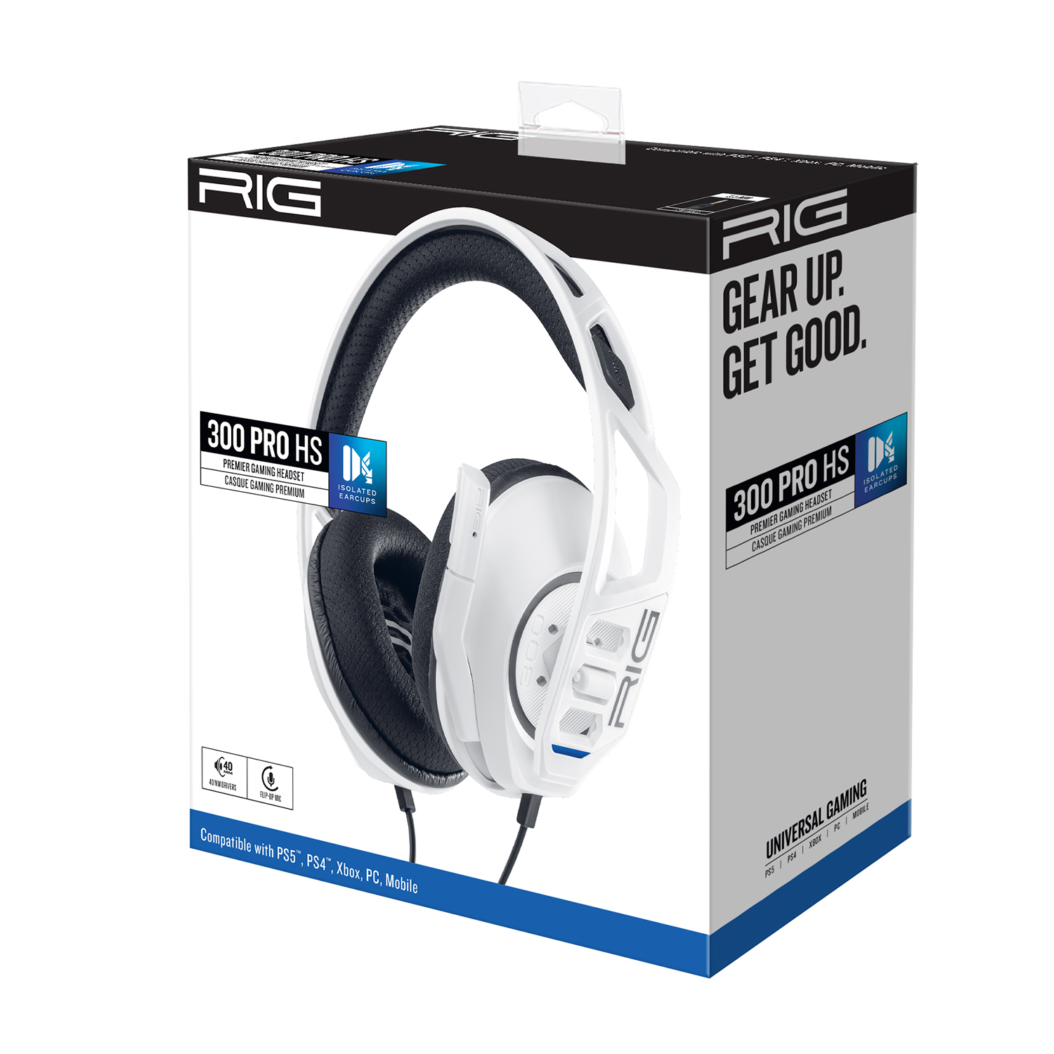 Scatola per cuffie da gioco bianche e nere. Mostra le cuffie e le funzioni. Testo RIG GEAR UP.