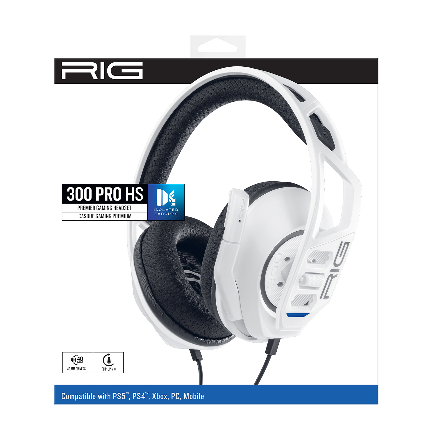 Cuffie da gioco RIG 300 PRO HS bianche e nere in confezione, con specifiche.