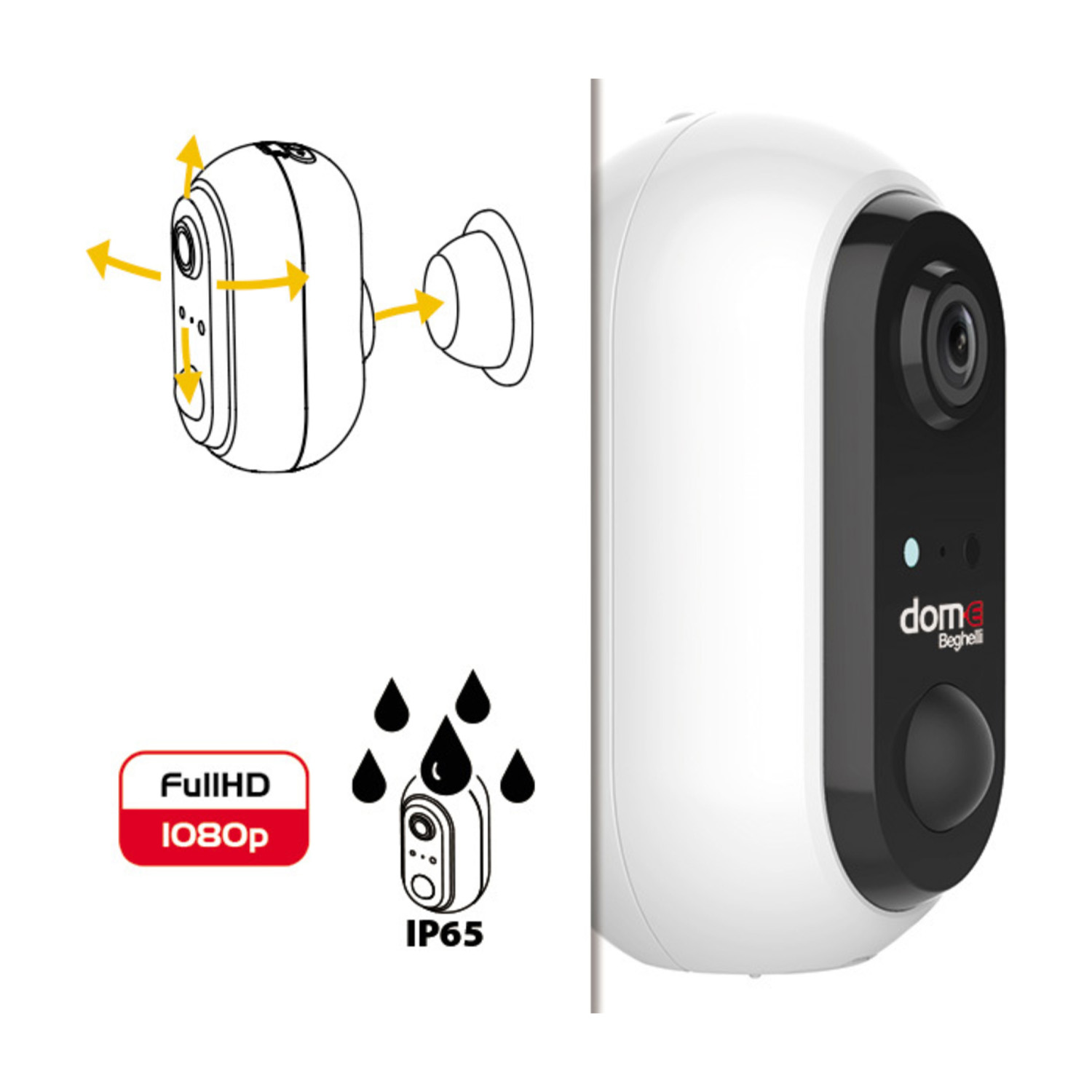 Telecamera WiFi Beghelli Dom-e - Sorveglianza Full HD, Visione Notturna, Rotazione 355&deg;