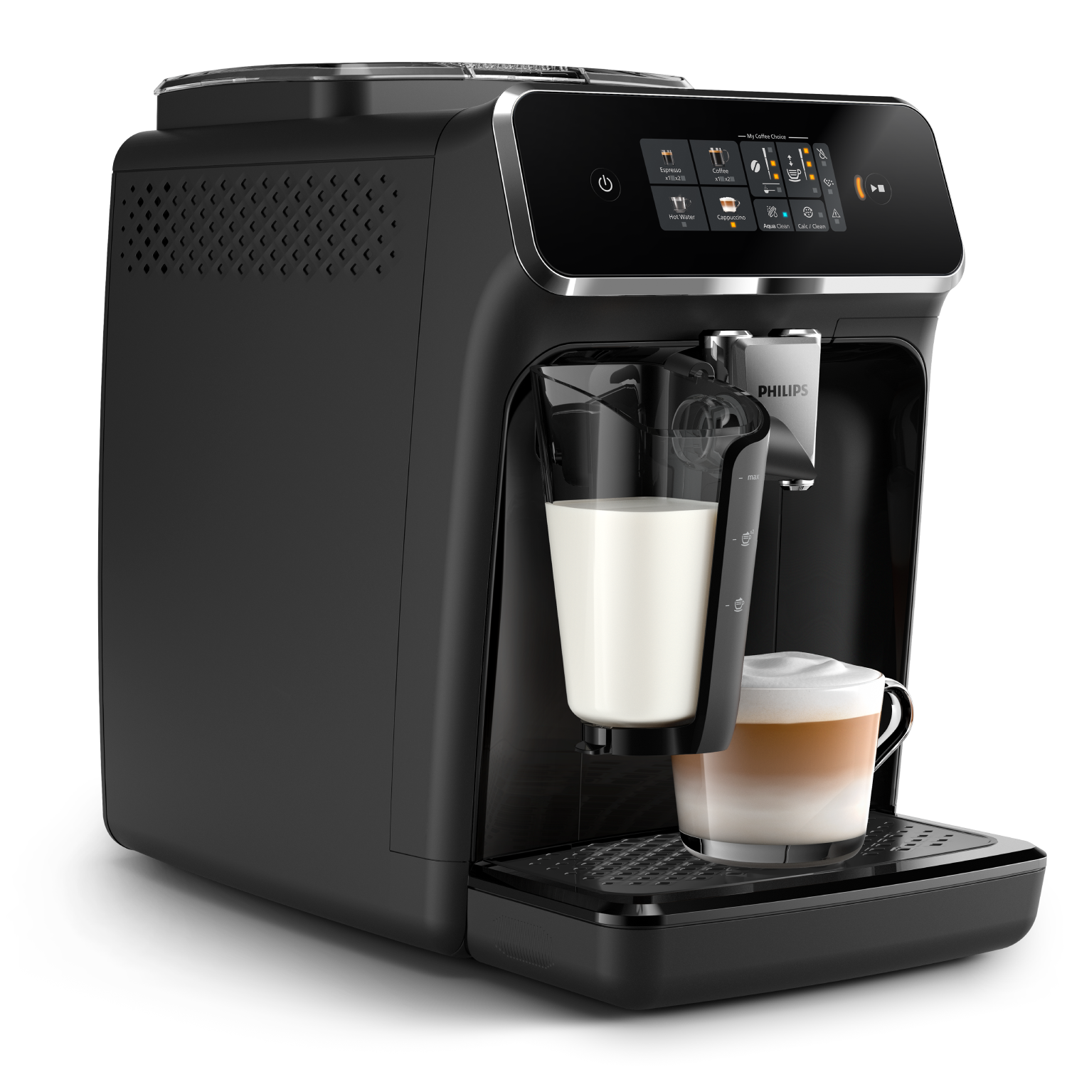 Una cafetera Philips negra. Se ve una taza de latte con leche y espuma, y un recipiente para leche.