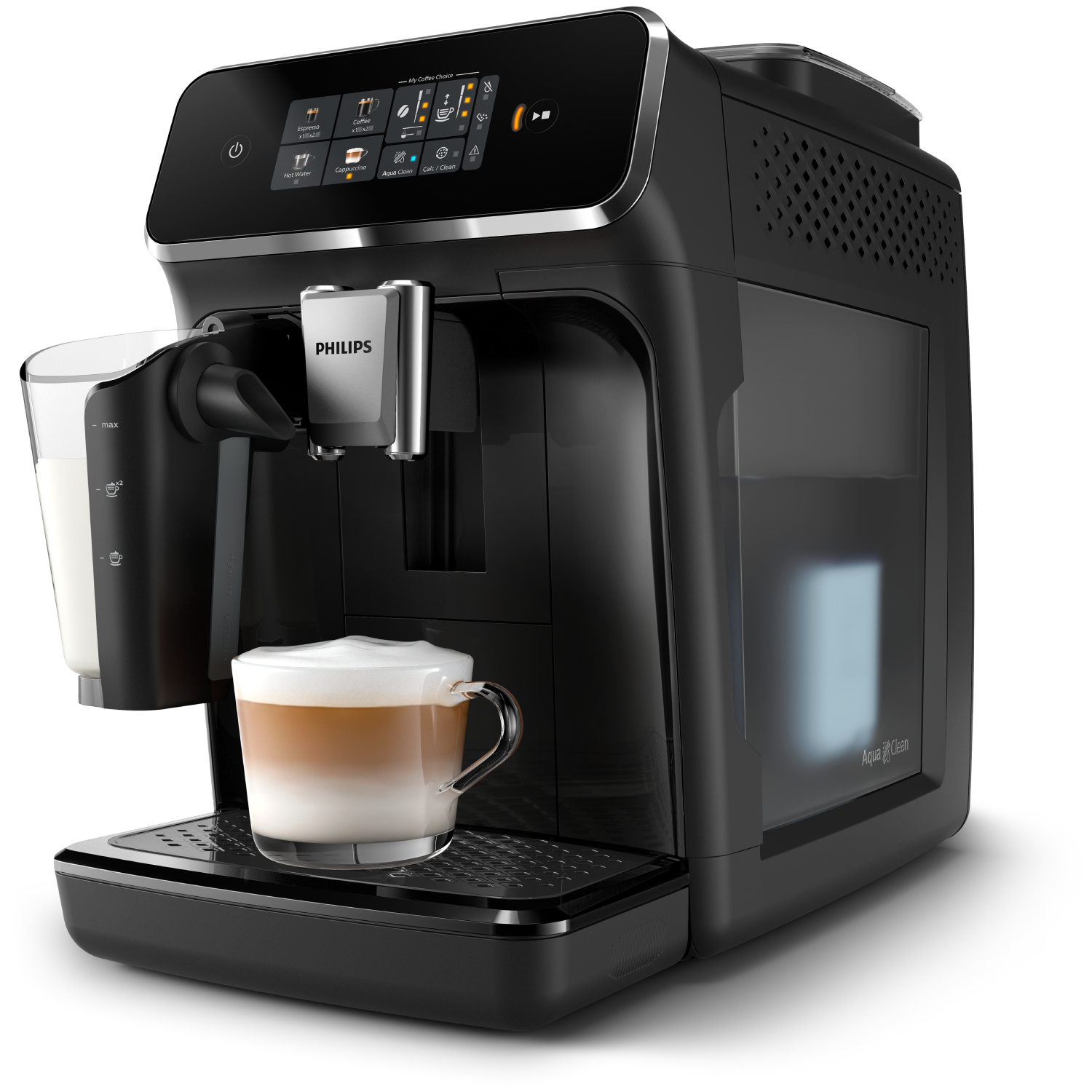 Cafetera espresso Philips negra con recipiente de leche. Un vaso de latte en la bandeja.