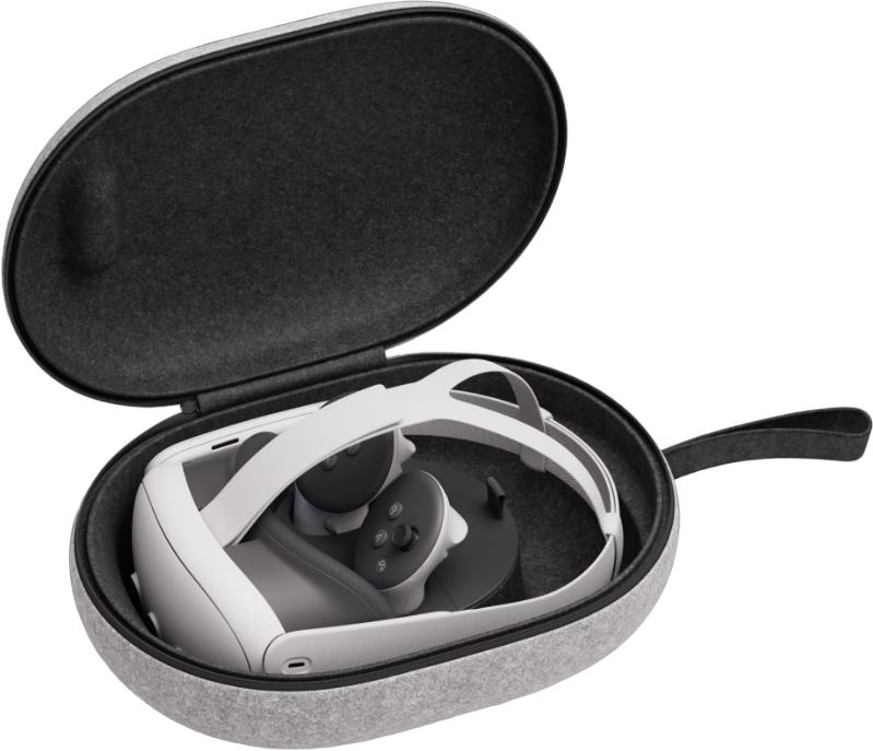 VR-Headset und Controller in einem grauen Koffer, der Koffer ist offen.