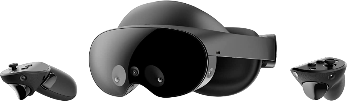 Meta Quest Pro VR-Headset und zwei Controller, alle schwarz, auf schwarzem Hintergrund.