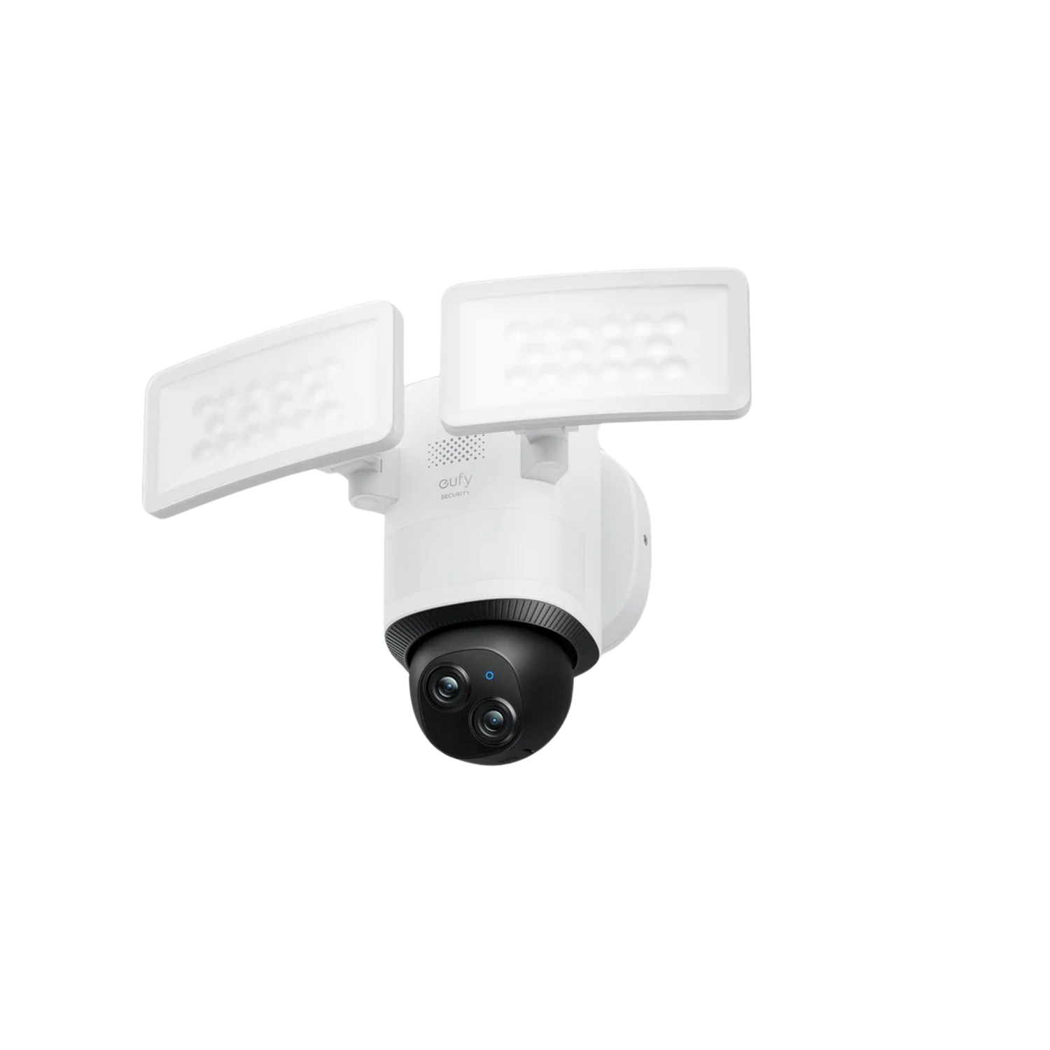 Witte eufy beveiligingscamera met twee spots op een zwarte achtergrond.
