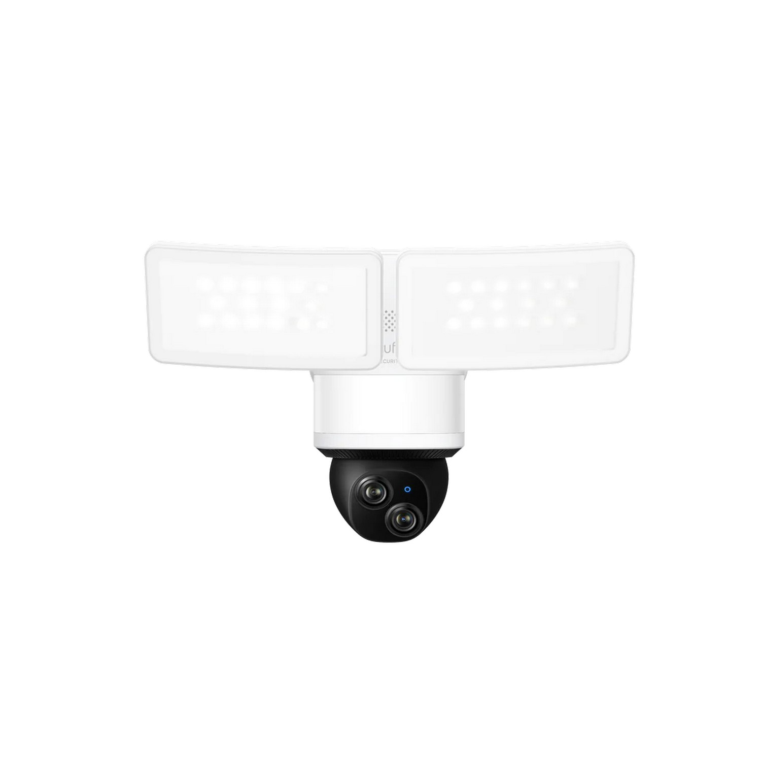Witte beveiligingscamera met schijnwerpers, twee lichtpanelen, zwarte camerabehuizing.