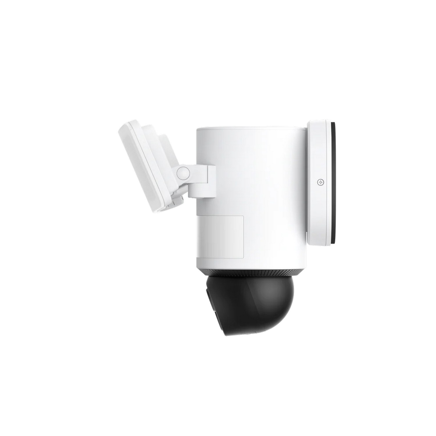 Een witte beveiligingscamera met een zwarte lens en een wit lampje aan de zijkant.