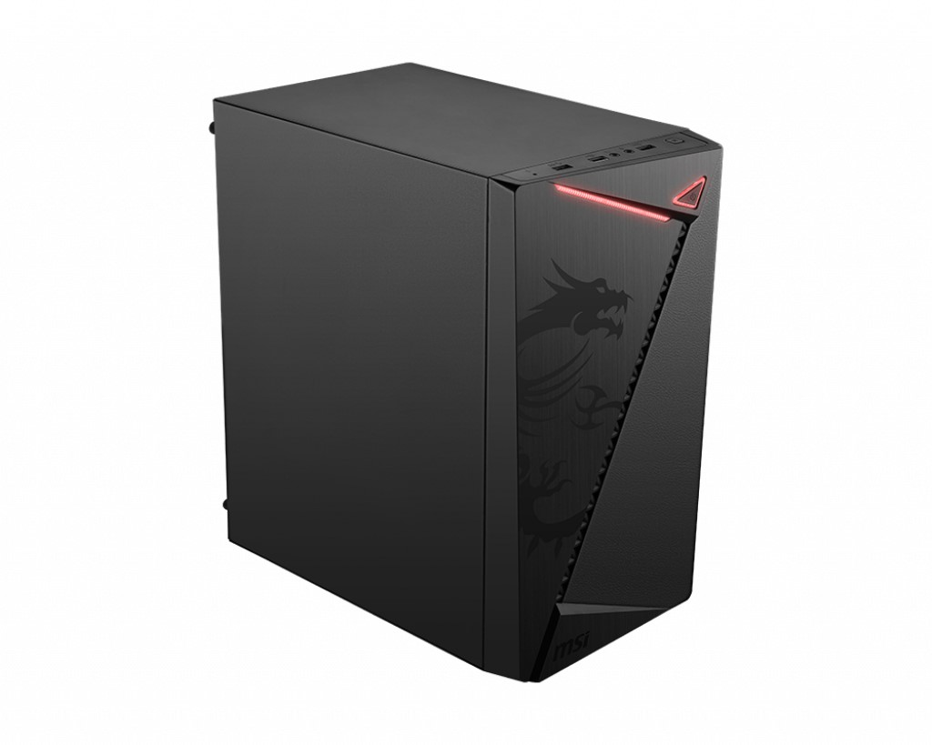 Kırmızı bir vurgu ve ejderha logosu olan siyah bir MSI bilgisayar kasası. Açılı görünüm.