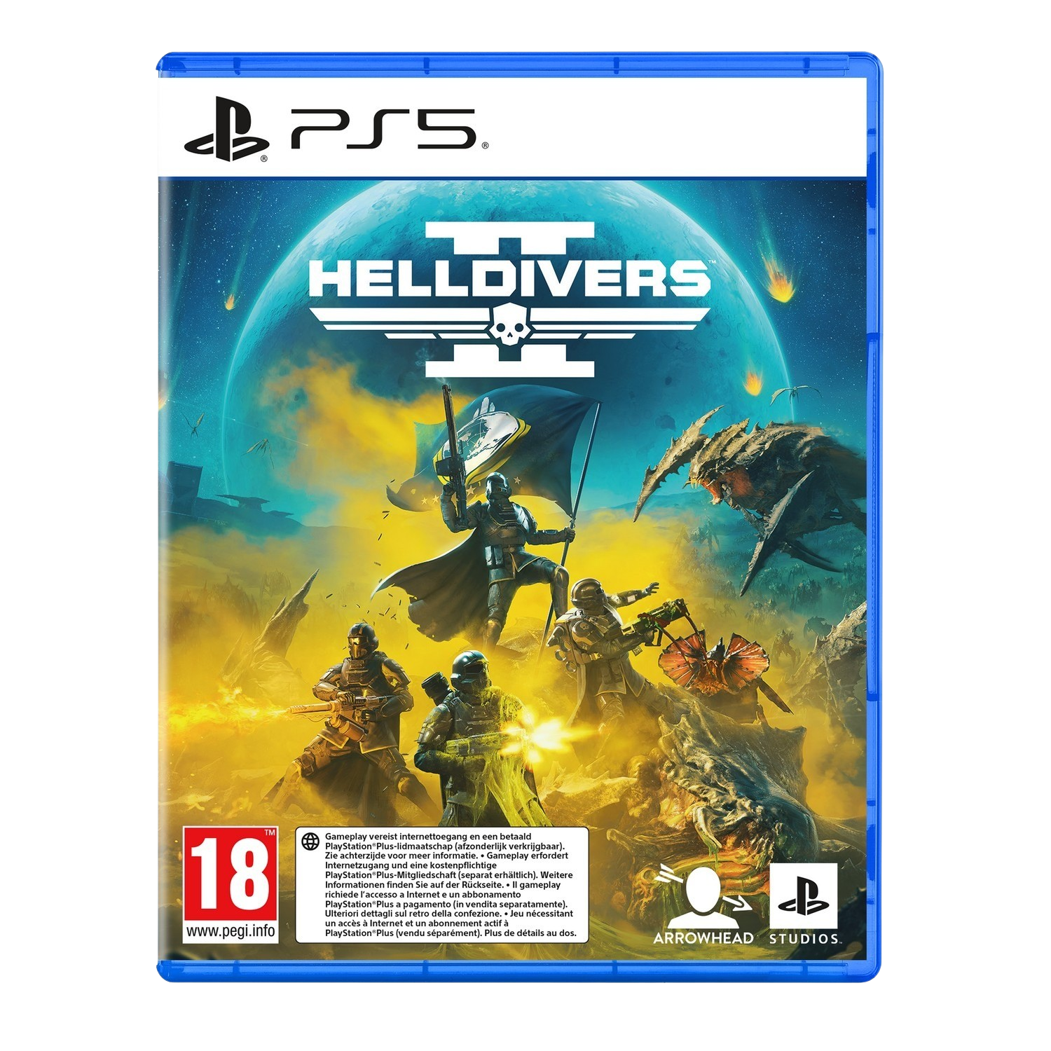Gamecover. Personages vechten tegen aliens op een planeet. PS5-logo bovenaan.