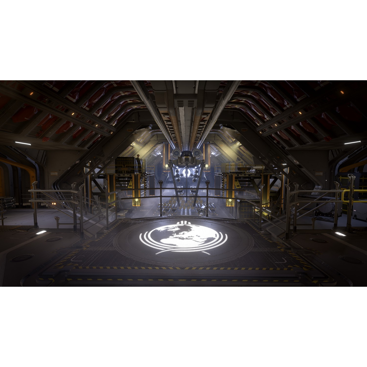 Een futuristisch interieur met een platform en een groot scherm met een wereldkaart. Metalen structuren zijn aanwezig.
