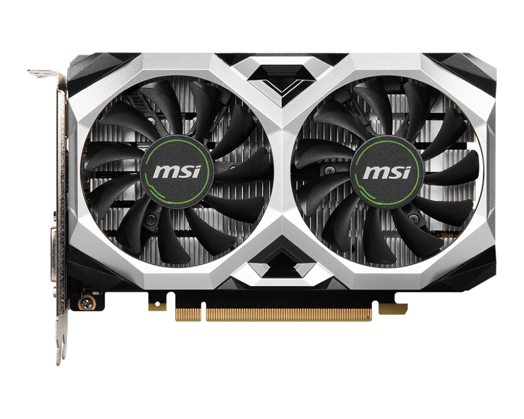 MSI grafik kartı, iki fan, siyah kanatlar ve gümüş ve siyah kasa ile.