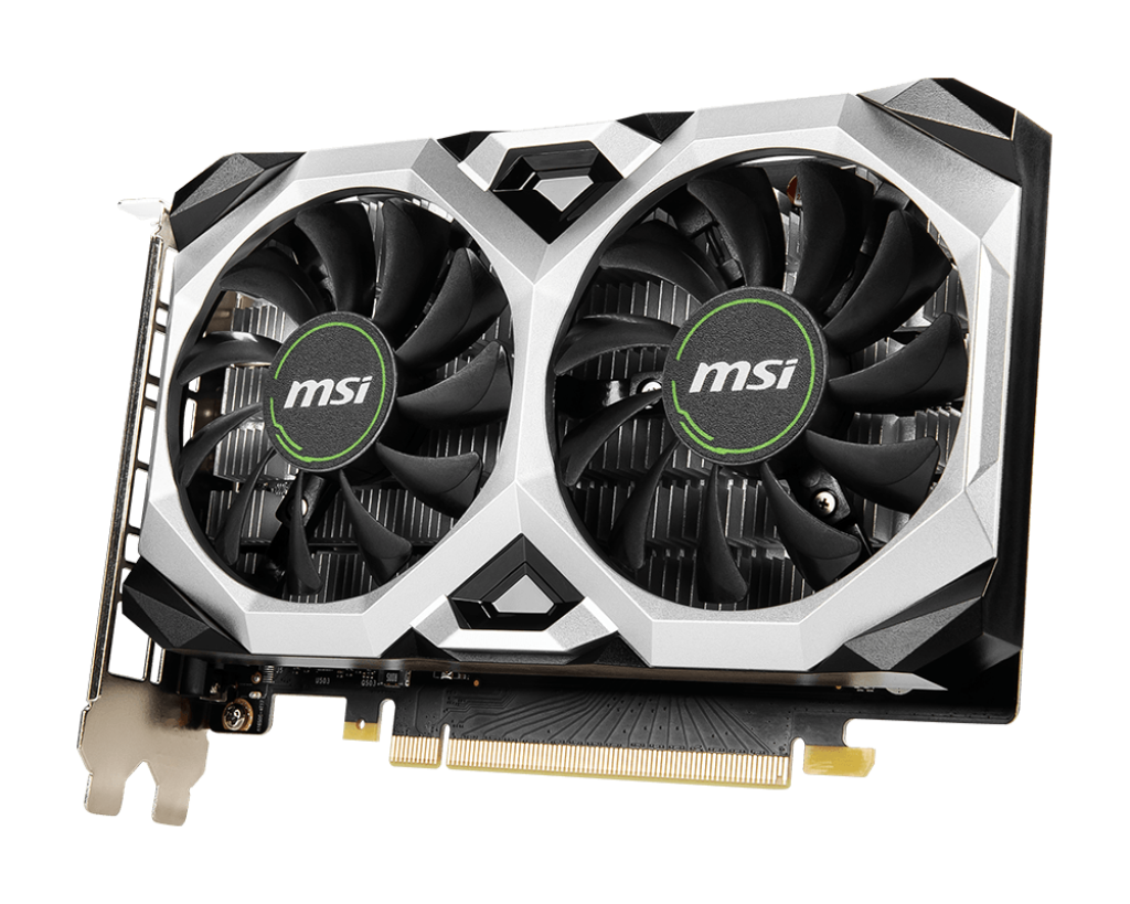 İki fanlı bir bilgisayar grafik kartı resmedildi. MSI logosu her iki fanda da.