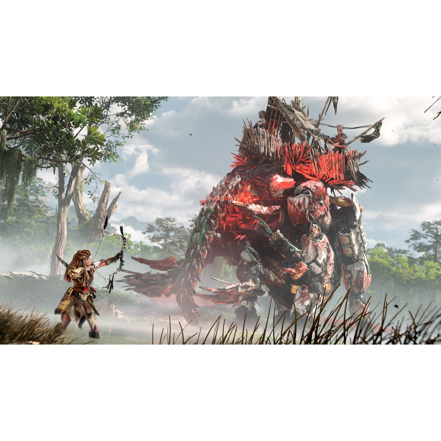 A woman with a bow and arrow faces a large, multi-colored monster in a forest setting.