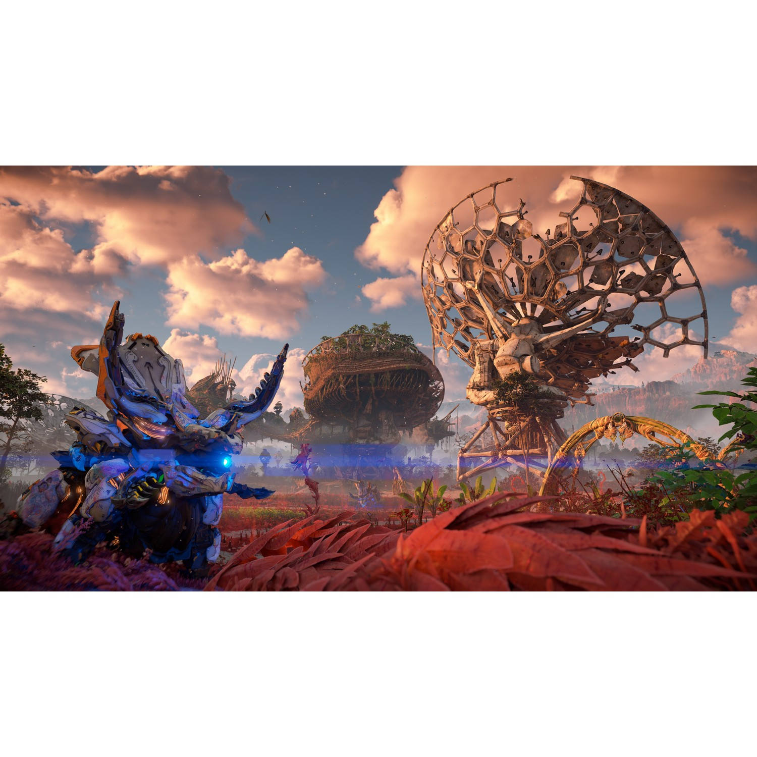 A landscape with alien structures and flora, with a robotic creature.