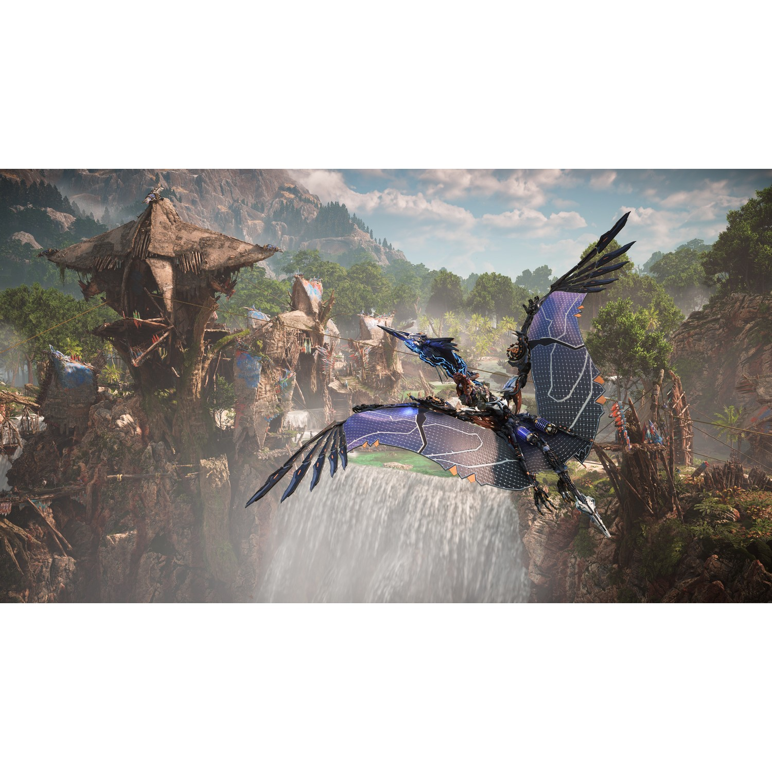 A flying creature over a waterfall in a fantasy landscape, with a wooden structure.